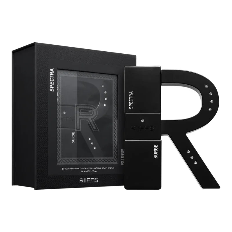 Coffret parfum RIIFFS Spectra Surge avec flacon noir élégant et boîte cadeau
