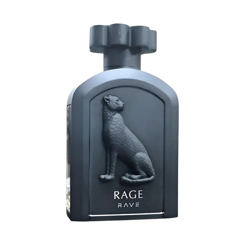 Parfum Rage Rave avec sculpture de félin, flacon élégant et design luxueux