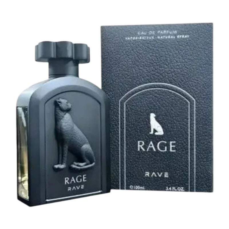Parfum Rage Rave, flacon noir avec lion sculpté, eau de parfum 100ml, boîte texturée élégante