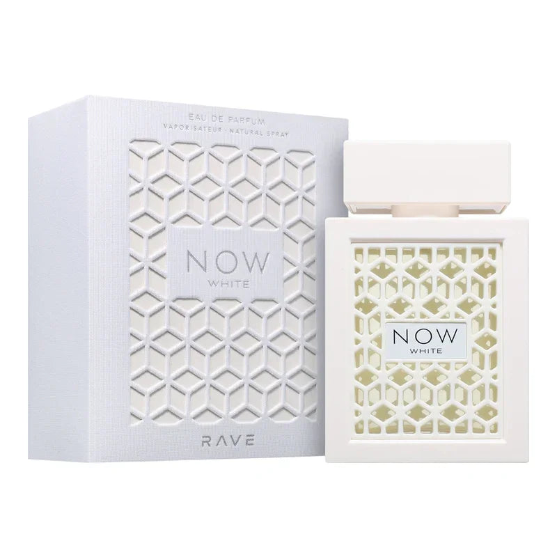 Parfum Eau de Parfum Now White de la marque Rave en flacon blanc et son coffret.