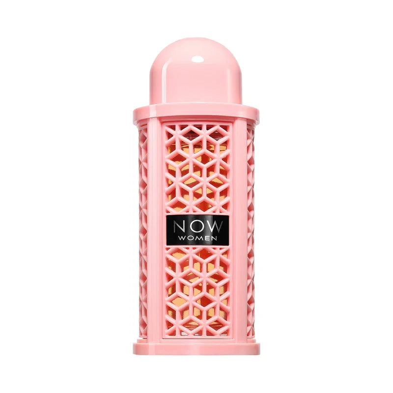 Diffuseur de parfum rose avec motif géométrique et étiquette NOW WOMEN