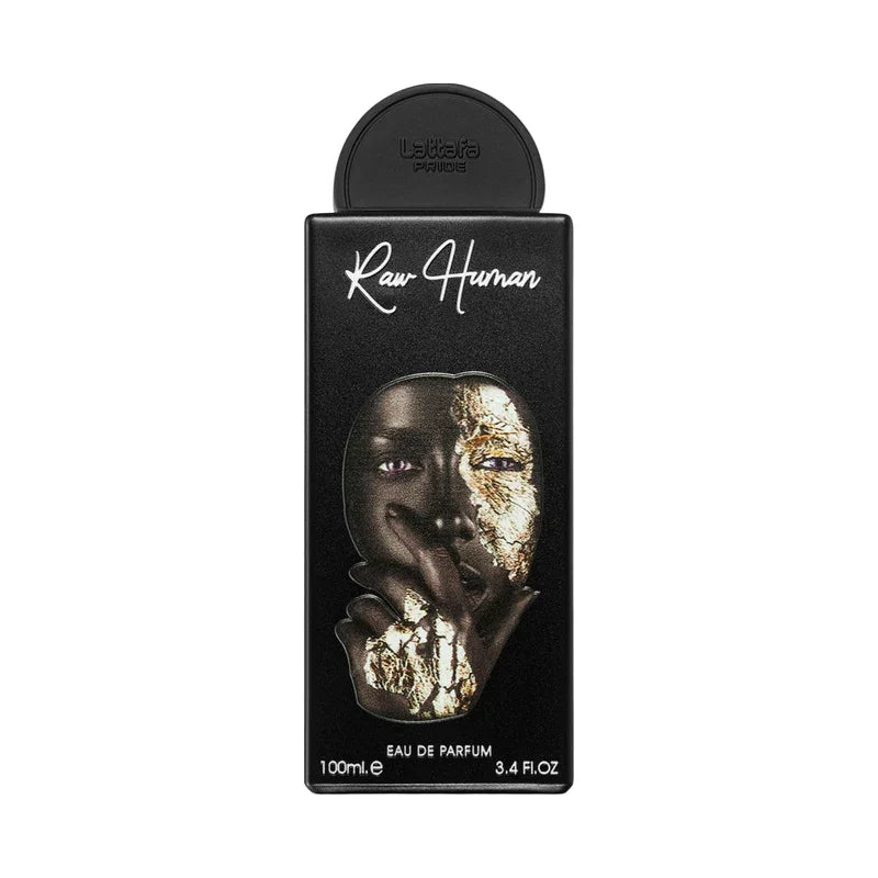 Eau de parfum Raw Human 100ml, flacon noir avec visage doré, parfum unisexe élégant