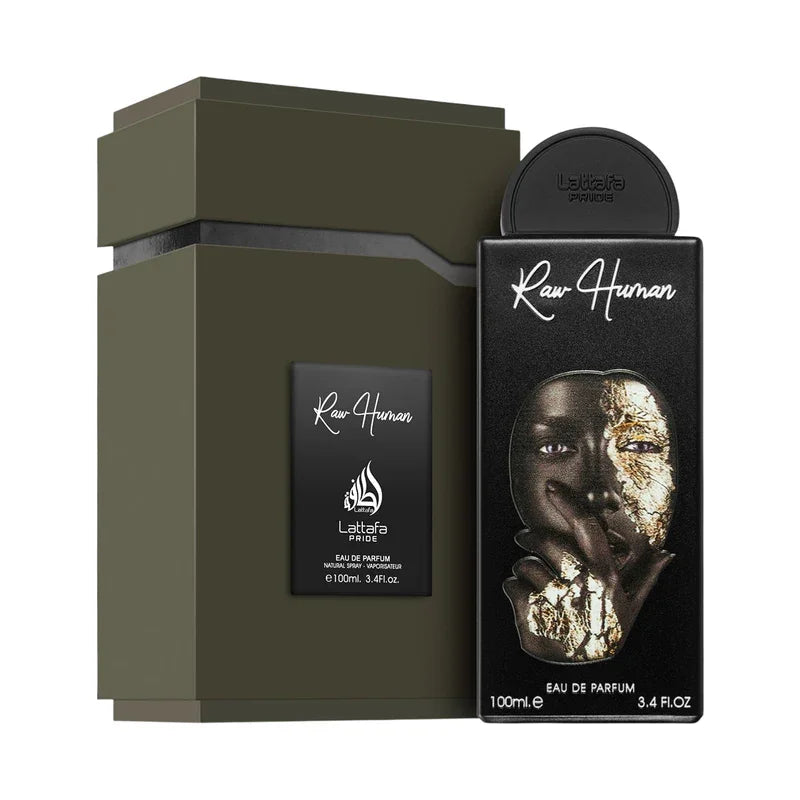 Parfum Raw Human Lattafa Pride, eau de parfum 100ml, flacon noir avec visage doré, boîte olive