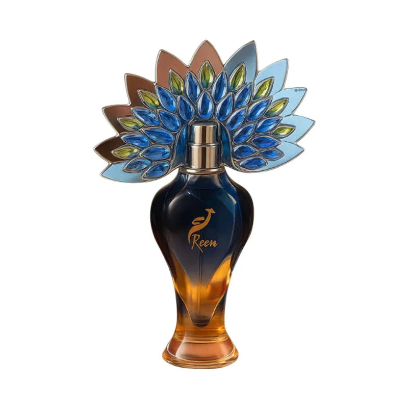 Flacon de parfum Reen avec capuchon floral bleu et doré, design élégant et luxueux