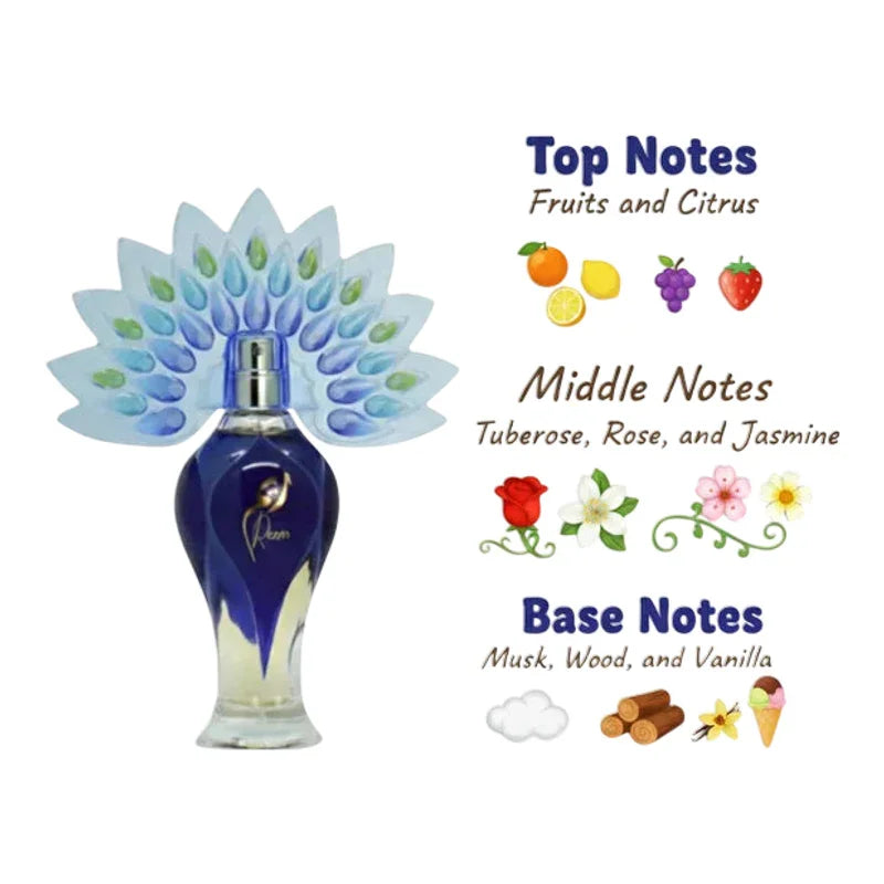 Flacon de parfum bleu avec notes fruitées, florales et boisées, design éventail