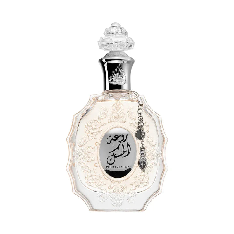 Parfum Rouat Al Musk en flacon orné, parfum oriental luxueux avec pendentif feuille
