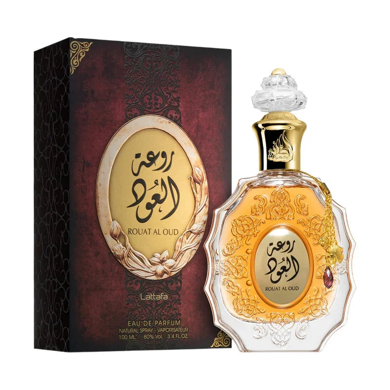 Rouat Al Oud Eau de Parfum 100ml, flacon orné et boîte luxueuse avec calligraphie arabe