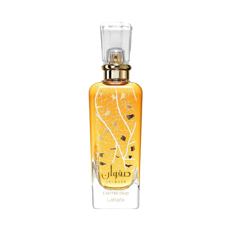 Parfum Safwaan L'Autre Oud par Lattafa, flacon doré avec motif arabe, eau de parfum luxueux