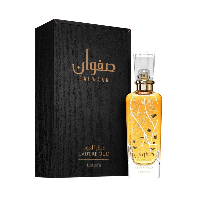 Parfum Safwaan L'Autre Oud par Lattafa, flacon doré avec boîte noire élégante, parfum oriental luxueux