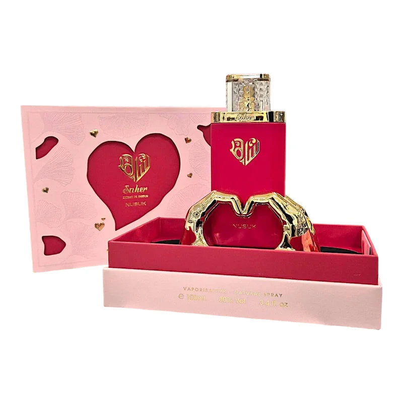 Parfum Nusuk Saher dans son coffret cadeau rose et doré élégant