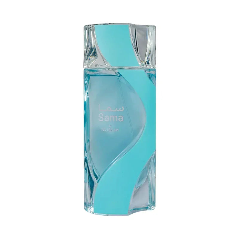 Flacon de parfum bleu ciel Sama Musk au design élégant et moderne.