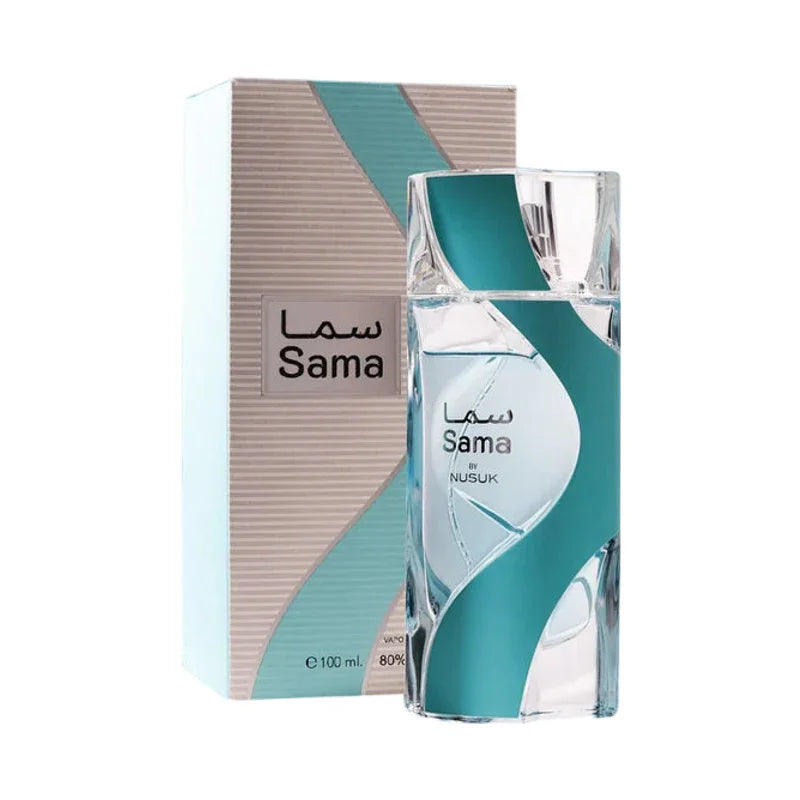 Parfum Sama by Nusuk flacon en verre et son coffret élégant bleu et blanc 100 ml