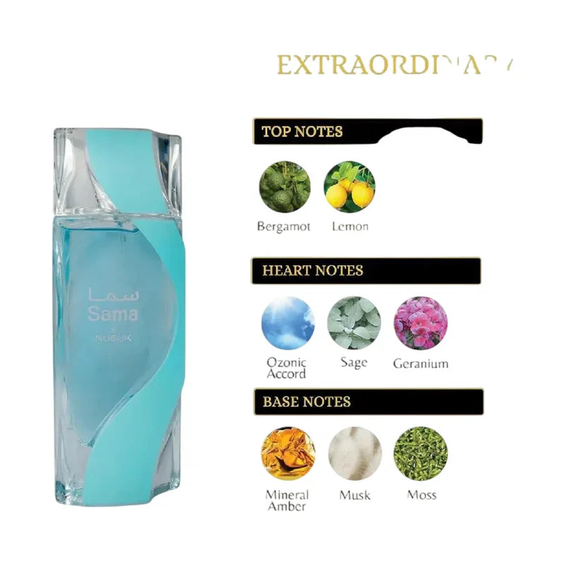 Parfum Sama de Nusuk avec notes de bergamote, citron, sauge, géranium, musc et mousse.
