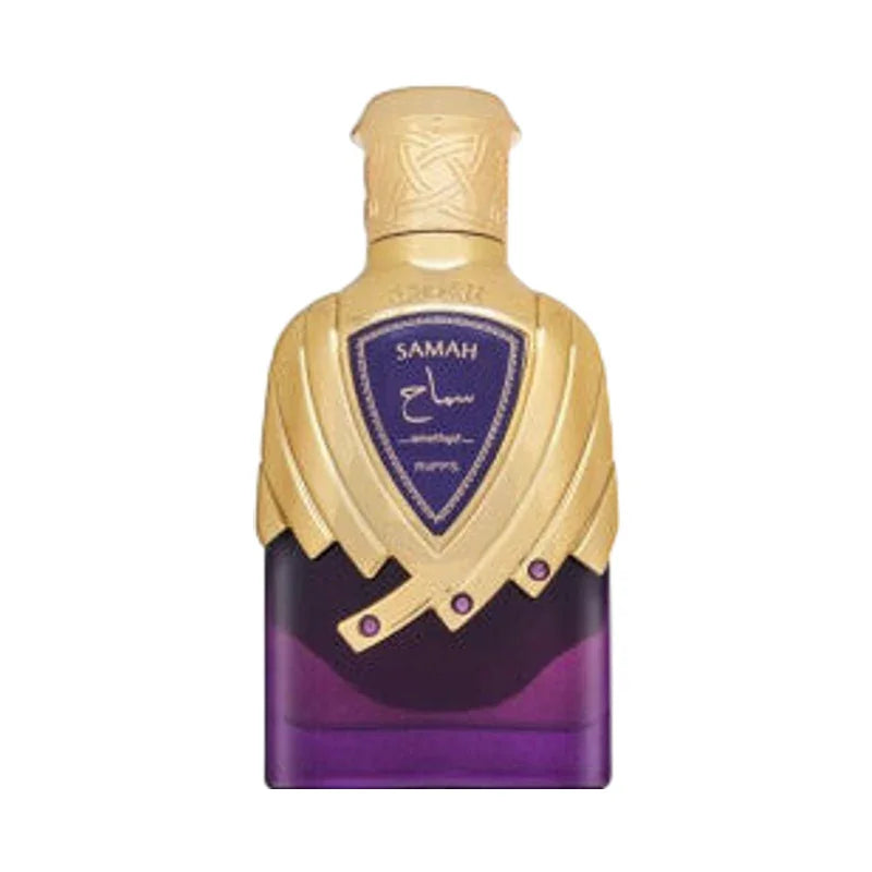 Flacon de parfum Samah pour femme avec bouchon doré et liquide violet.