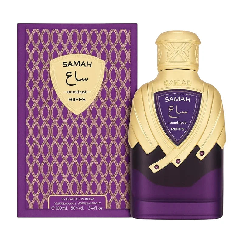 Parfum Samah Omethyst de Riiffs dans son flacon violet et doré et son étui assorti.