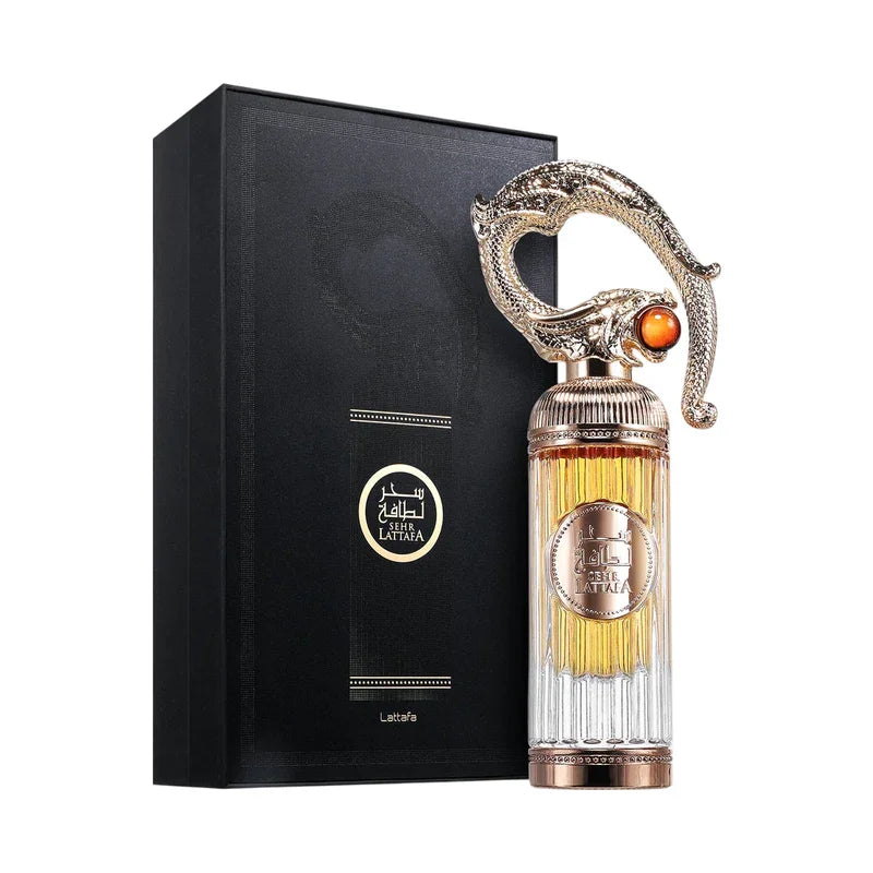Parfum Sehr Lattafa avec flacon serpent doré et boîte noire luxueuse, fragrance orientale élégante