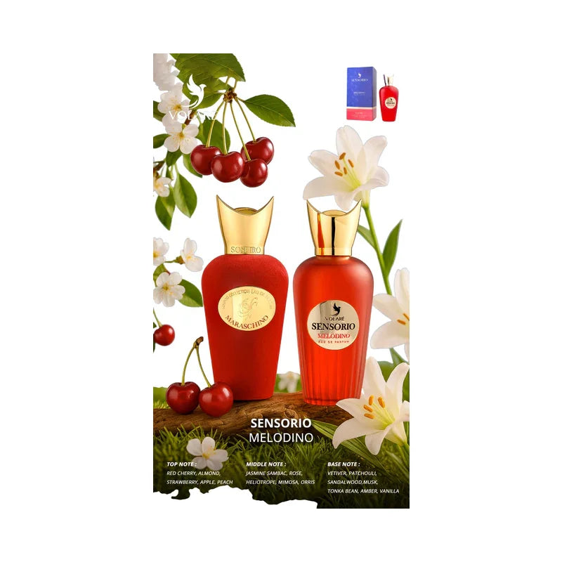 Parfum Sensorio Melodino aux notes de cerise rouge, jasmin et vanille avec fleurs et cerises.
