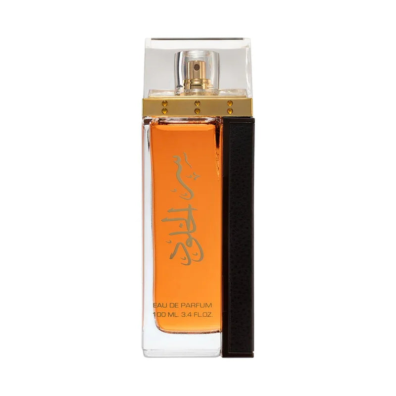 Eau de parfum orange avec flacon transparent et détails dorés, 100 ml