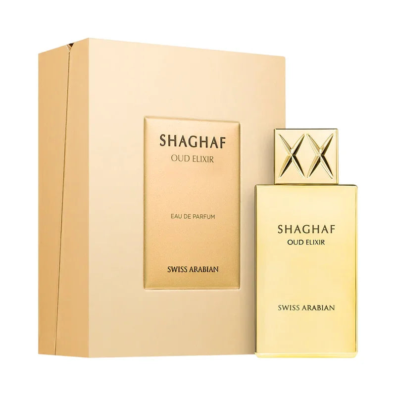Flacon Shaghaf Oud Elixir Swiss Arabian doré avec boîte cadeau élégante, eau de parfum luxueuse