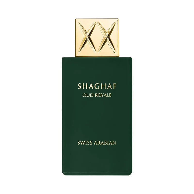 Flacon Shaghaf Oud Royale de Swiss Arabian, vert foncé avec bouchon doré, parfum luxueux
