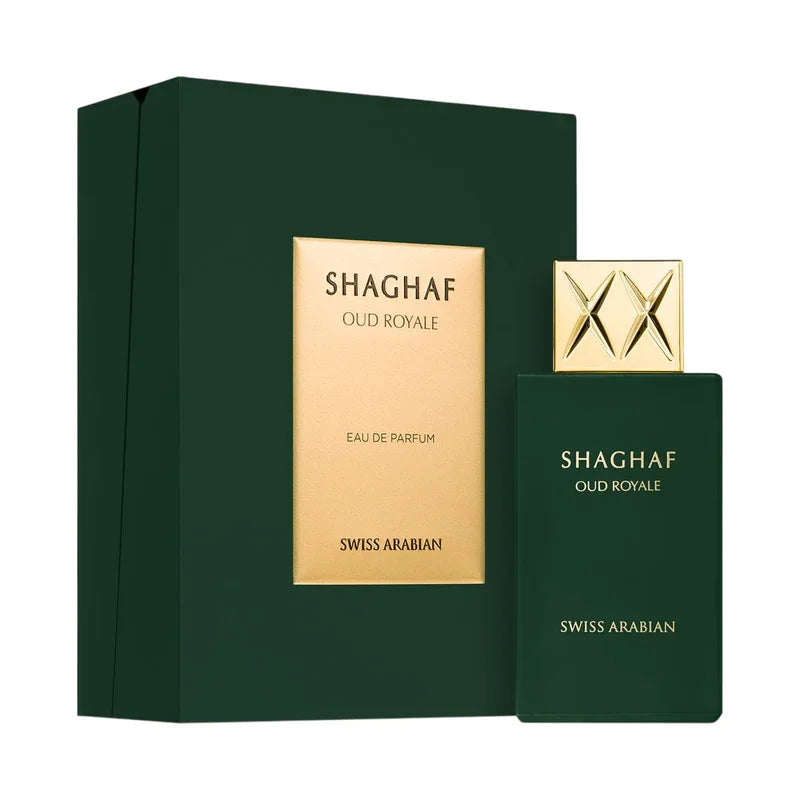 Parfum Shaghaf Oud Royale Swiss Arabian, flacon vert et écrin doré, eau de parfum luxueux