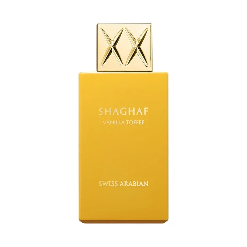 Flacon Shaghaf Vanilla Toffee Swiss Arabian, design doré élégant