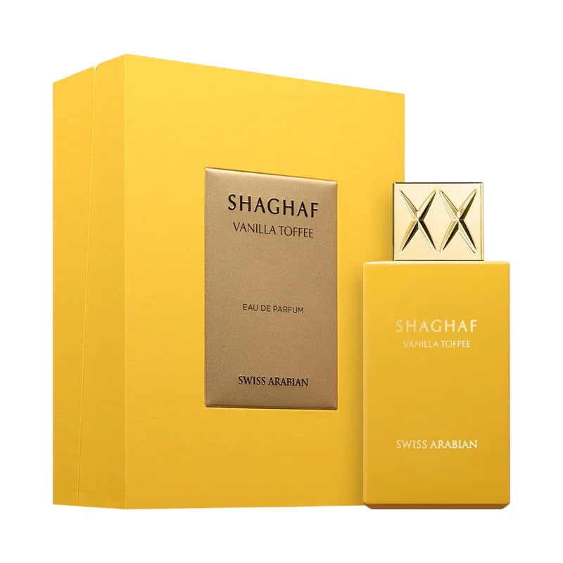 Shaghaf Vanilla Toffee Eau de Parfum, flacon jaune et boîte cadeau élégante