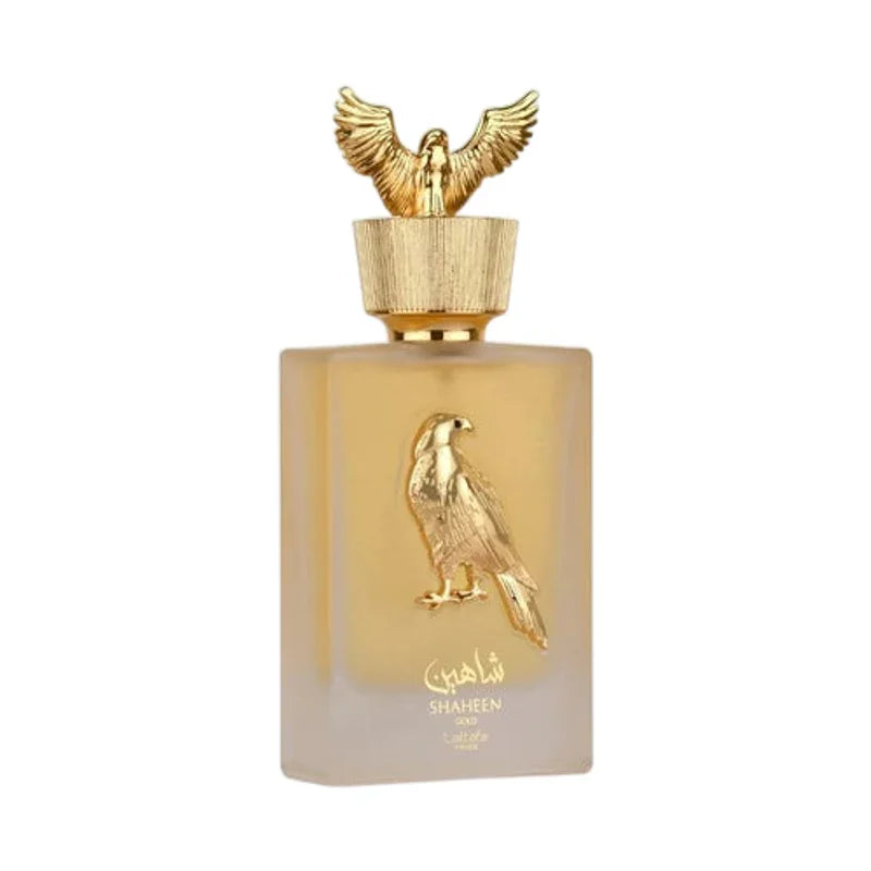 Flacon de parfum Shaheen Gold avec aigle doré, design luxueux et élégant