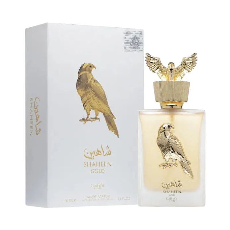 Parfum Shaheen Gold avec flacon doré et aigle, boîte élégante, eau de parfum luxueux