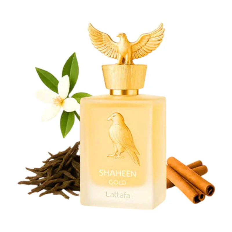 Parfum Shaheen Gold de Lattafa, flacon doré avec bouchon oiseau et notes épicées.
