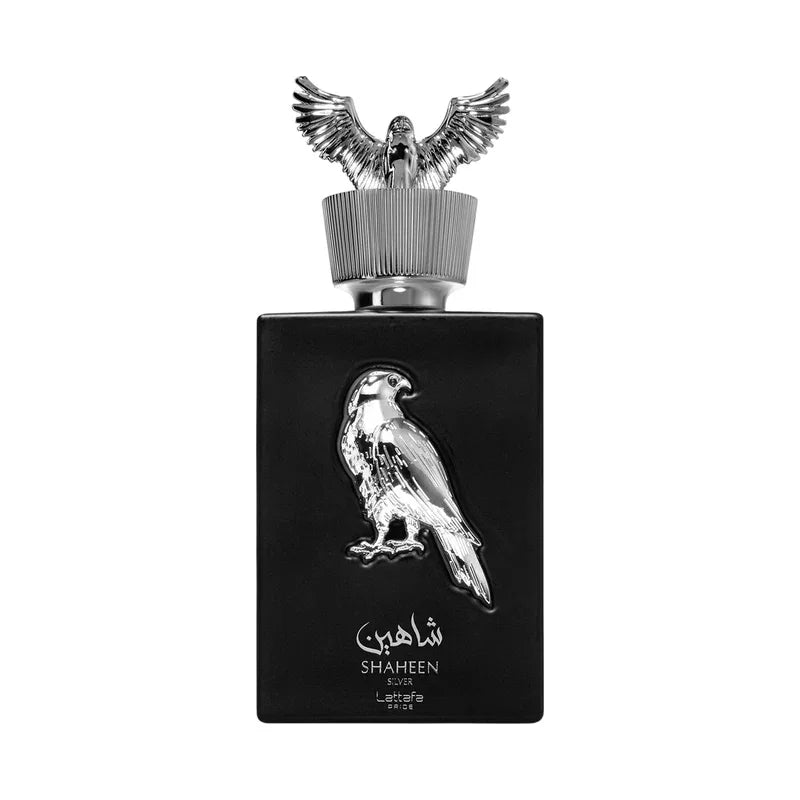 Parfum Shaheen Silver de Lattafa, flacon noir avec aigle argenté et bouchon sculpté