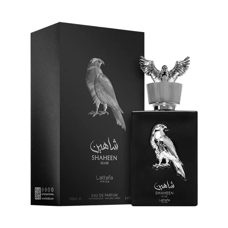 Parfum Shaheen Silver Lattafa, flacon noir avec aigle argenté, eau de parfum 100ml