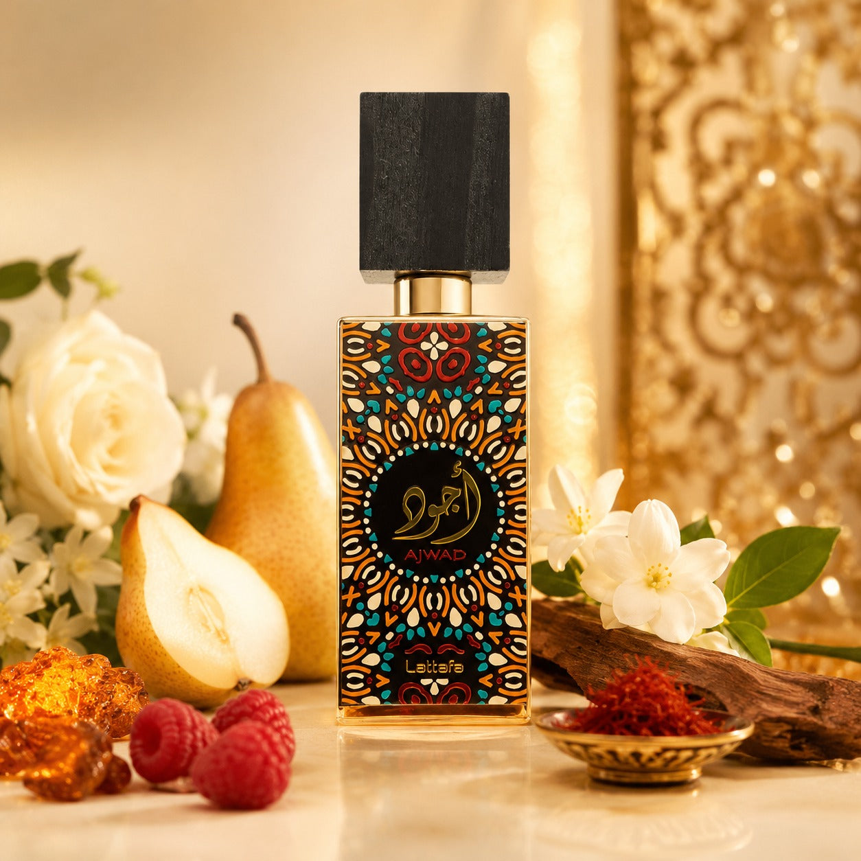 ARVOLA_SHOWCASE — Ajwad, photo artistique (Lattafa Ajwad est une fragrance orientale fruitée et florale qui séduit par sa douceur envoûtante et son élégance raffinée. Délicat et lumineux, ce parfum est une véritable invitation à la sensualité et au raffineme