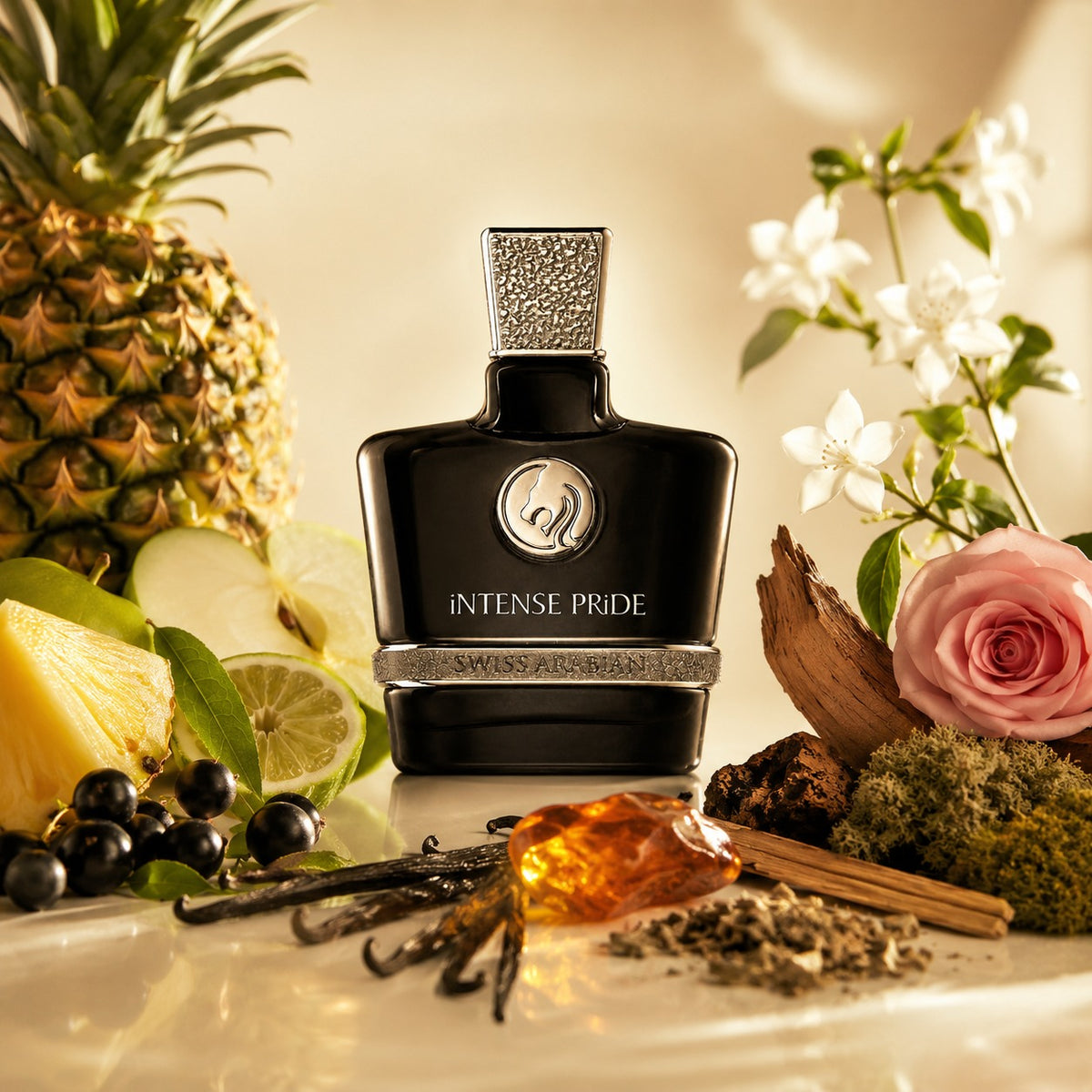 ARVOLA_SHOWCASE — Intense Pride, photo artistique (La fragrance s’ouvre sur une envolée fruitée et pétillante mêlant l’ananas juteux, la pomme croquante, le cassis et la bergamote lumineuse, offrant une fraîcheur vive et sophistiquée. Le cœur révèle une comp