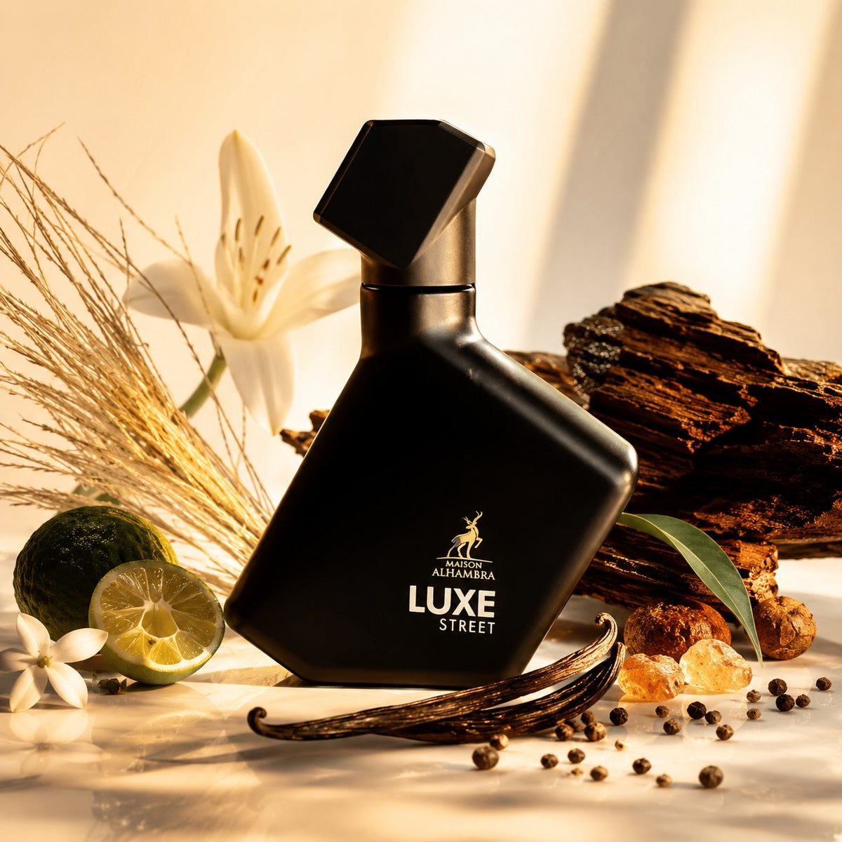 ARVOLA_SHOWCASE — Luxe Street, photo artistique (accords contemporains dans une composition harmonieuse, idéale pour celles et ceux qui recherchent un parfum moderne, affirmé et facile à porter au quotidien comme en soirée. Points forts : • Fragrance urbaine