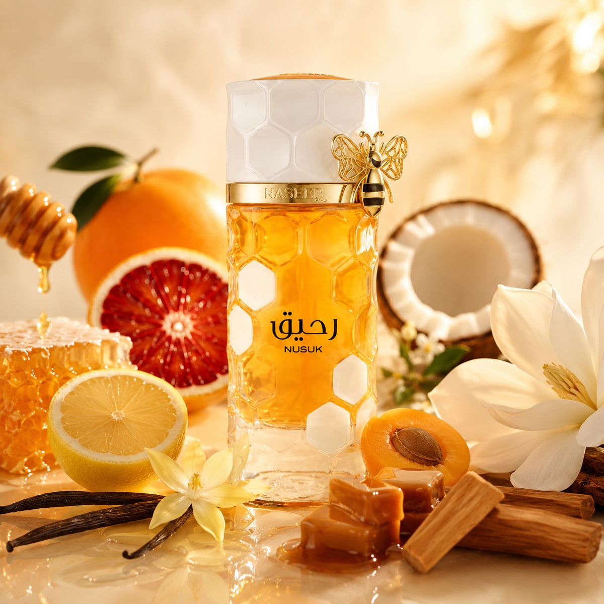 ARVOLA_SHOWCASE — Raheeq, photo artistique (Citron, Miel, Orange sanguine, Abricot, Caramel, Magnolia, Noix de coco, Absolu de vanille, Bois de santal, Musc)