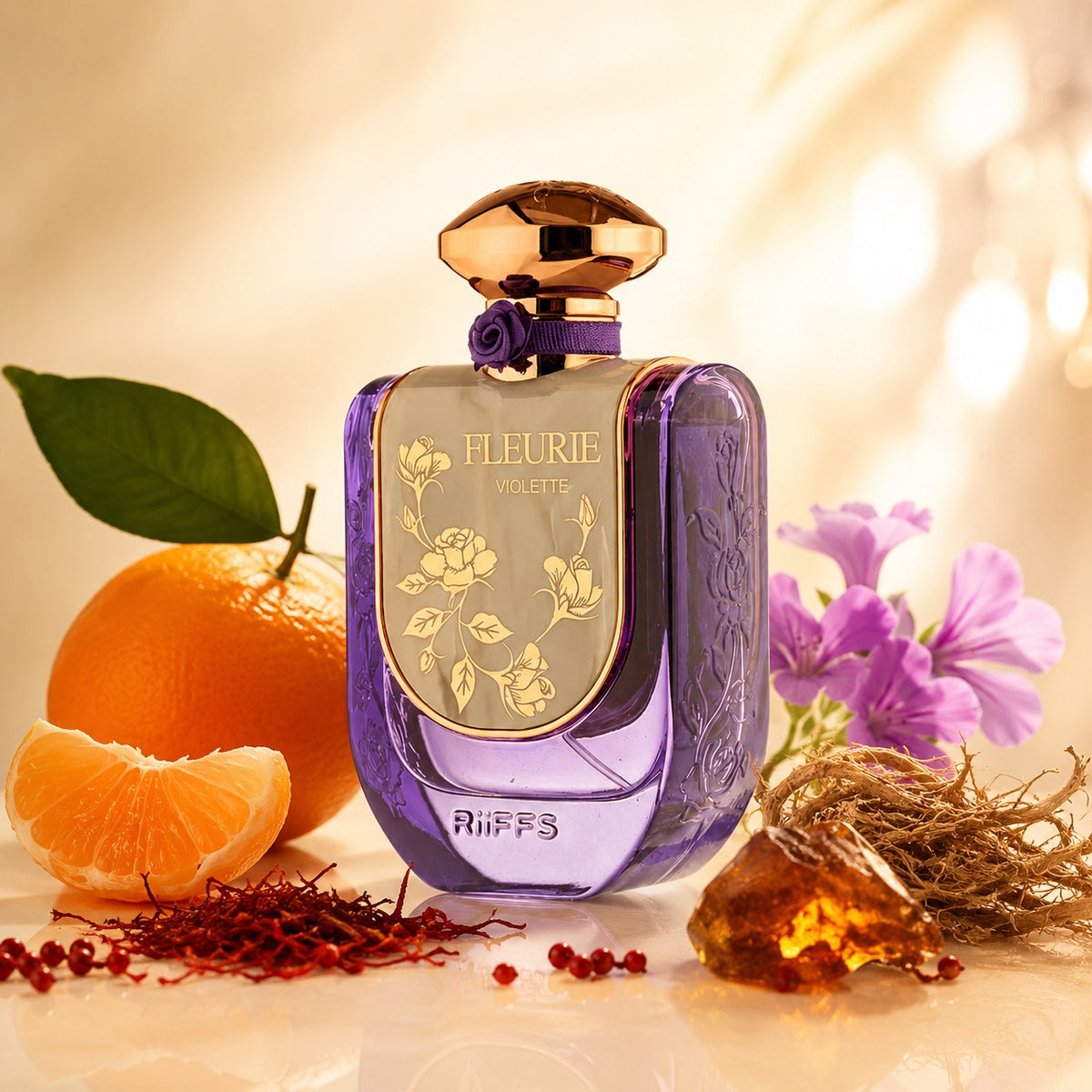 ARVOLA_SHOWCASE — Fleurie Violet, photo artistique (mandarine, safran Note de cœur : Poivre rose, géranium Notes de fond : vétiver, ambre, vétiver, ambre)