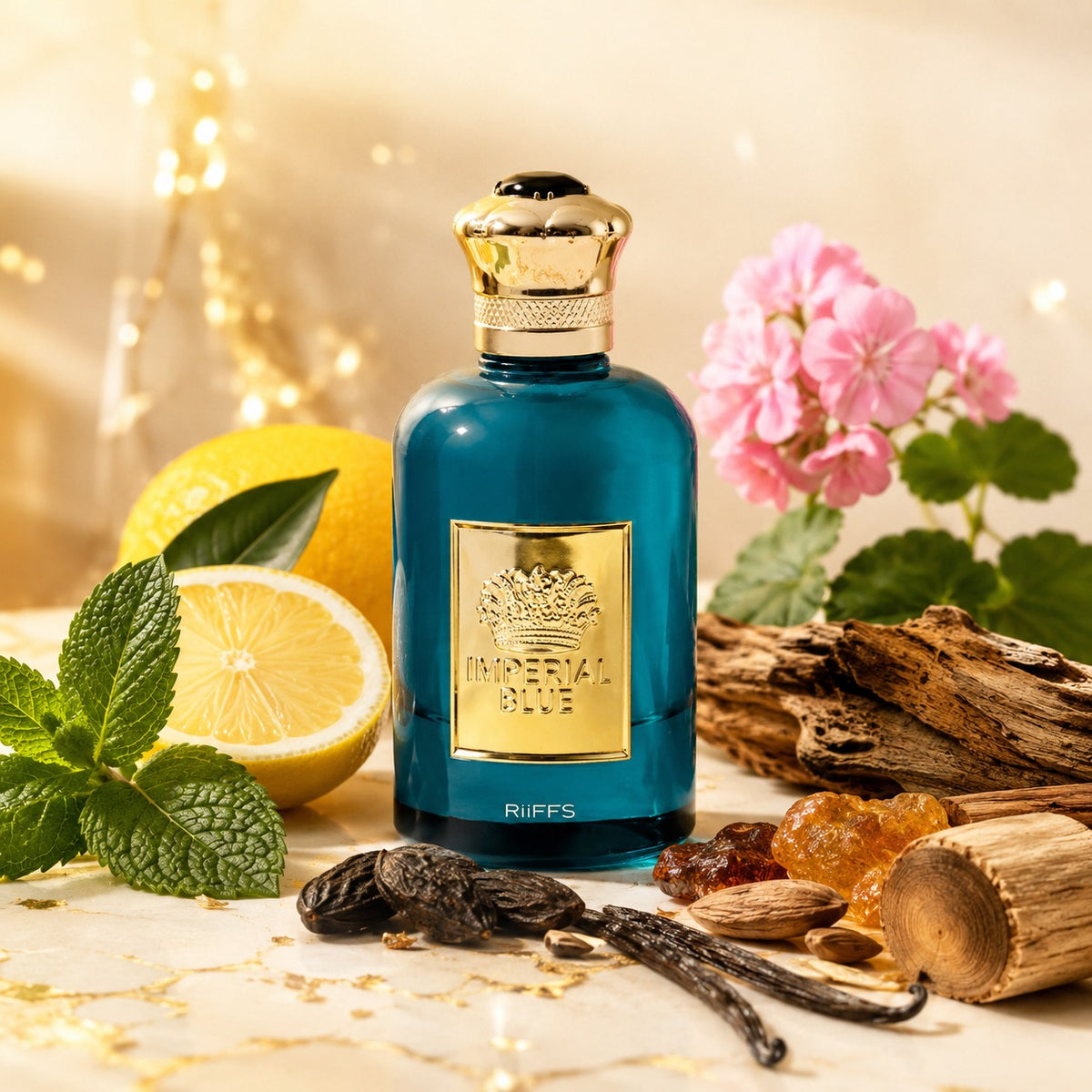 ARVOLA_SHOWCASE — Imperial Blue, photo artistique (La menthe apporte une fraîcheur vive, tandis que la citron ajoute une touche d'éclat, Le vétiver et le géranium se mêlent pour créer un bouquet floral boisé, évoquant la force , Les fèves tonka, le bois de c