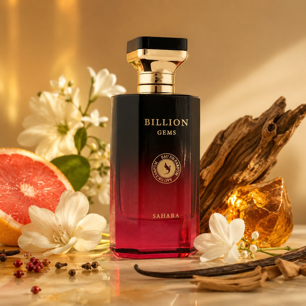 ARVOLA_SHOWCASE — Billion Gems Sahara, photo artistique (notes de tête offrent une fraîcheur éclatante rappelant le zeste des agrumes, qui se mêle à un cœur floral envoûtant, où la sophistication des fleurs blanches rencontre la chaleur des épices exotiques.