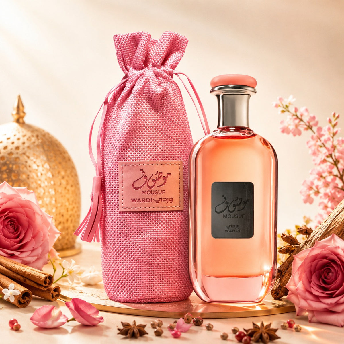 ARVOLA_SHOWCASE — Mousuf Wardi, photo artistique (notes florales et épicées qui s'entrelacent pour créer une fragrance durable et envoûtante. Avec son volume généreux de 400, chaque flacon est conçu pour offrir une expérience olfactive prolongée, parfaite po