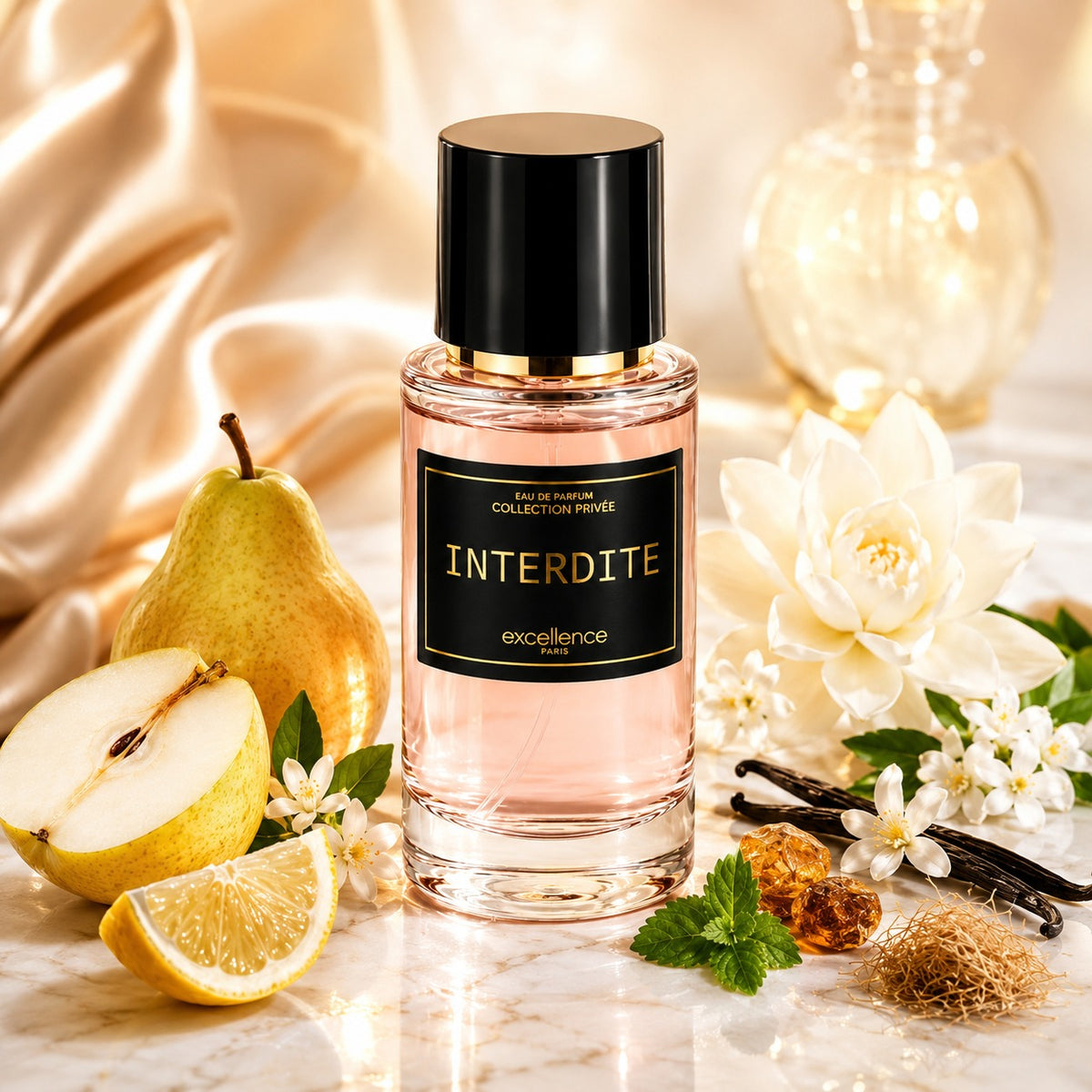 ARVOLA_SHOWCASE — Interdite Black, photo artistique (INTERDITE est une fragrance lumineuse et captivante, où la fraîcheur fruitée s’allie à une sensualité florale intense. Les notes de tête mêlent la poire juteuse à l’éclat vif du citron, offrant une ouvertu