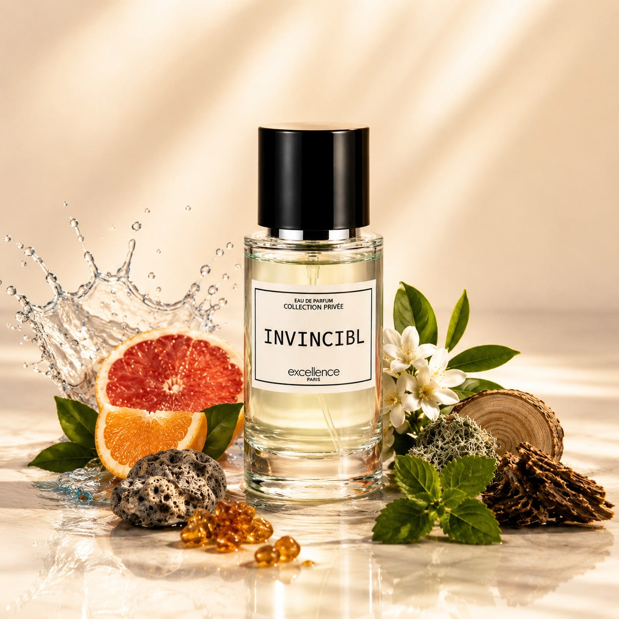 ARVOLA_SHOWCASE — Invincibl White, photo artistique (INVINCIBL est une fragrance fraîche et puissante, inspirée par l’énergie brute et la liberté. L’ouverture associe la vivacité de l’eau de mer à l’éclat pétillant du pamplemousse et de l’orange, pour une se