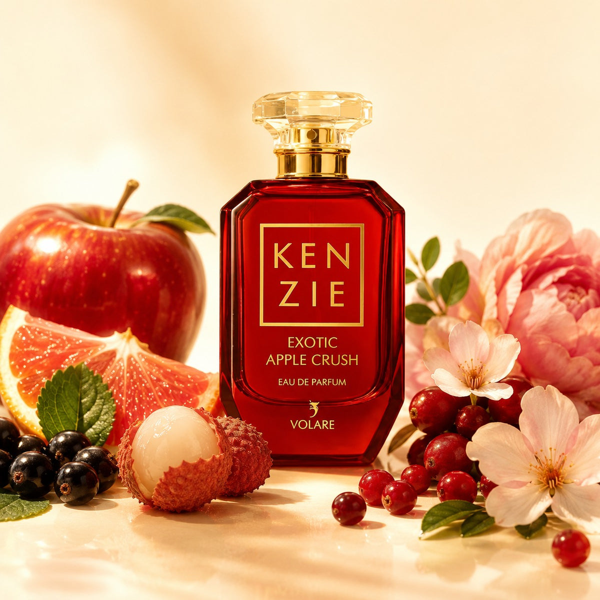 ARVOLA_SHOWCASE — Exotic Apple Crush Kenzie, photo artistique (La fragrance s’ouvre sur une envolée fruitée et pétillante où la pomme rouge croquante, le cassis, le pamplemousse rose et le litchi s’entrelacent pour offrir une fraîcheur juteuse et éclatante. 