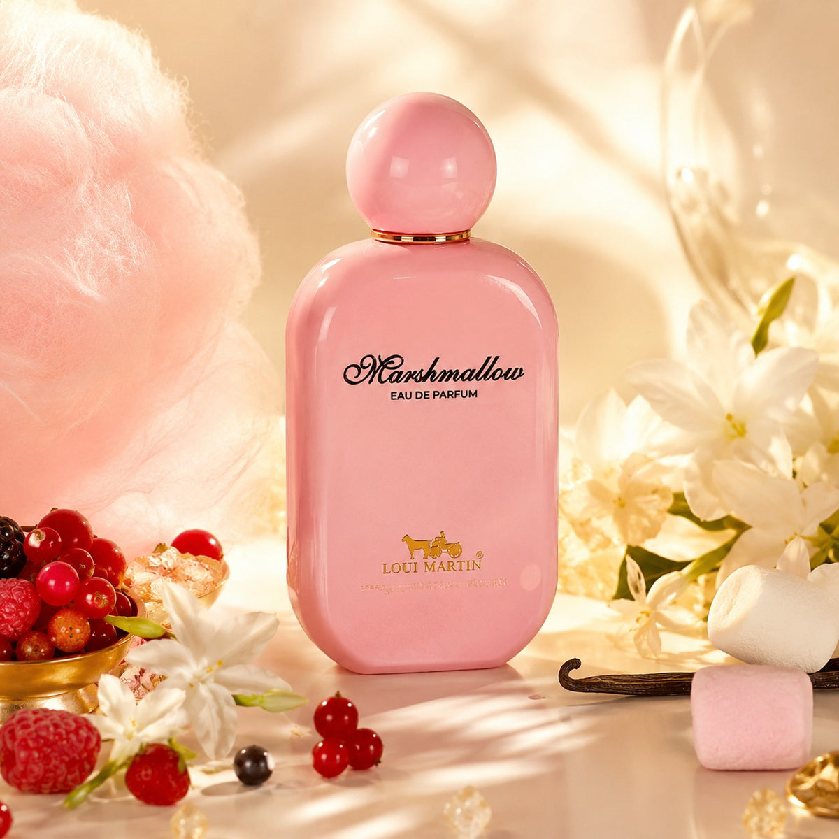 ARVOLA_SHOWCASE — Marshmallow, photo artistique (Dès l’ouverture, la fragrance séduit par une note de sucre filé aérienne, associée à la fraîcheur acidulée des fruits rouges, pour une sensation joyeuse et irrésistiblement gourmande. Le cœur dévoile ensuite u