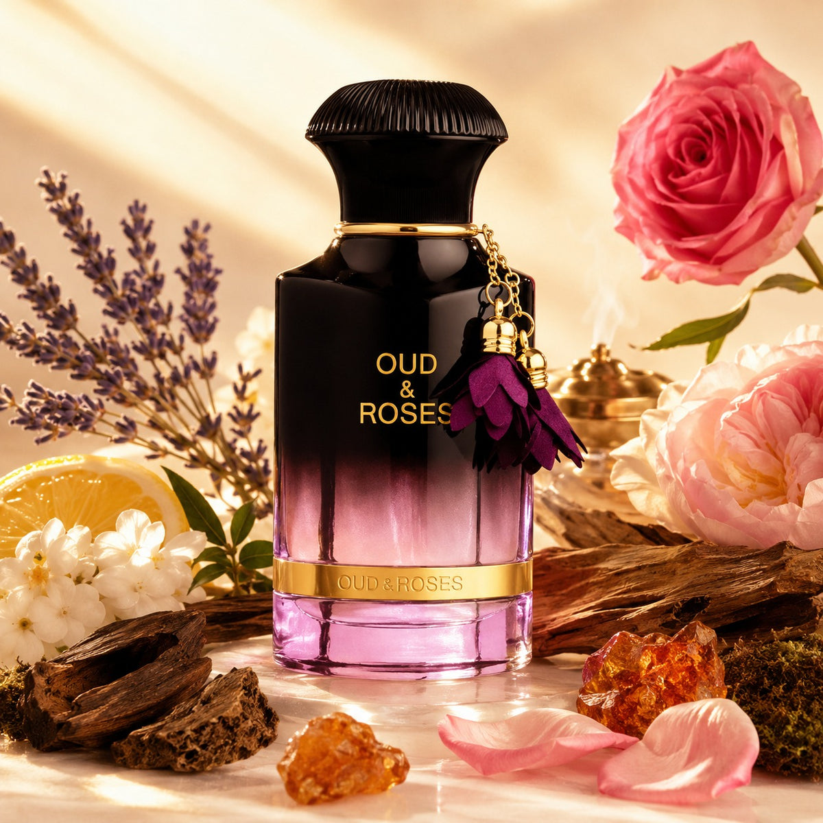 ARVOLA_SHOWCASE — Oud And Roses, photo artistique (Rose de Turquie, lavande, citron, pivoine, Bois de santal, fleurs blanches, encens, Oud, bois de gaïac, mousse de chêne, musc, ambre, vanille)