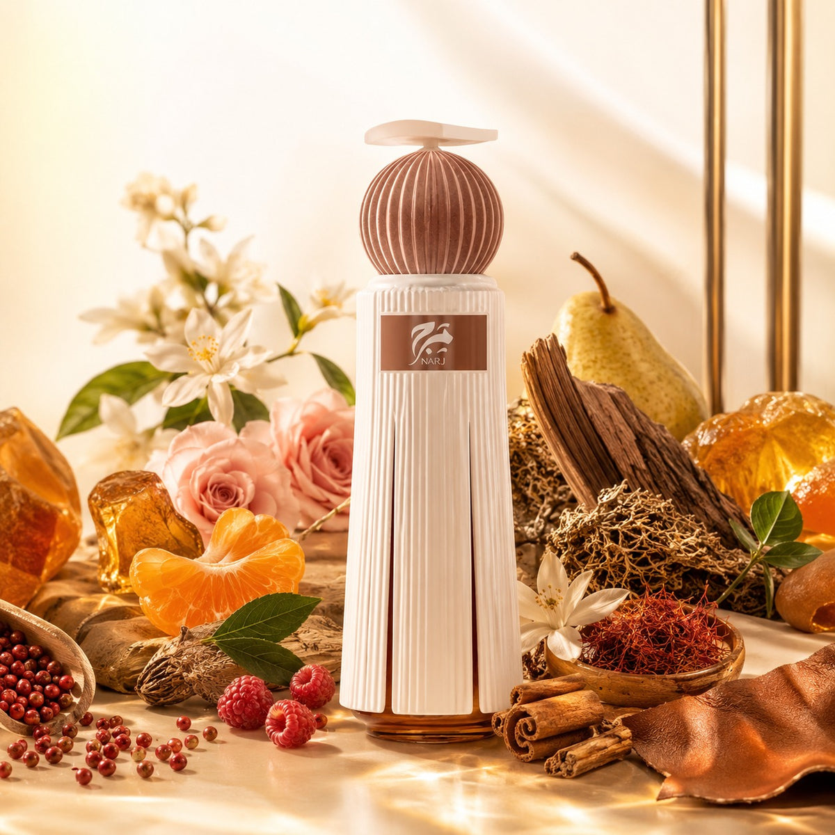 ARVOLA_SHOWCASE — Marj, photo artistique (Bergamote, Poivre Rose, Mandarine, Muscade, Patchouli, Roses, Safran, Jasmin, Vétiver, Cannelle, Bois De Cachemire, Fleur D’Oranger, Poire, Ambrette, Ambre Doré, Musc Doux, Ambre Gris, Framboise, Safran, Cuir, Bois D