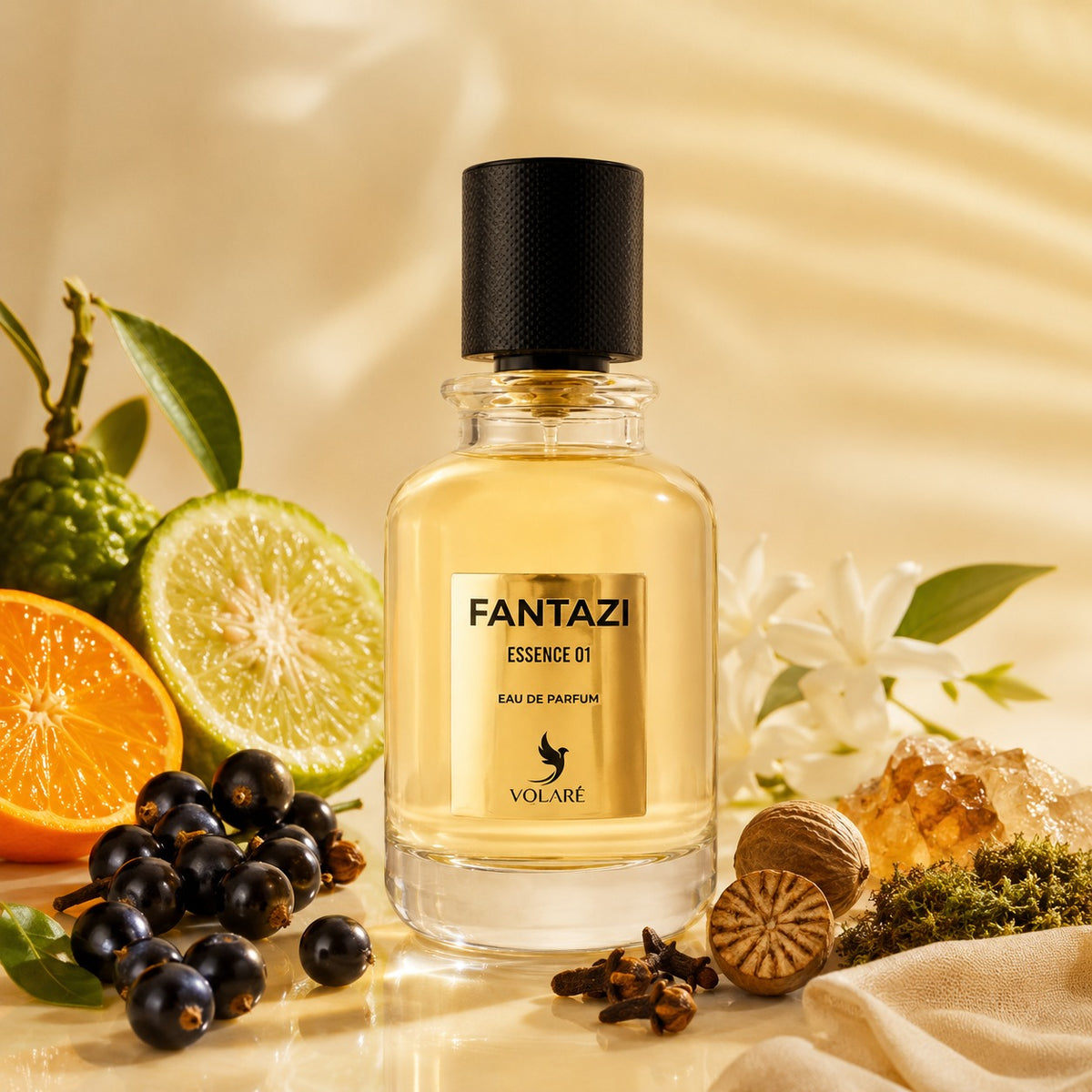 ARVOLA_SHOWCASE — Fantazi Essence 01, photo artistique (Mandarine, Bergamote, Cassis, Cassis, Noix de muscade, Clou de girofle, Jasmin, Ambre blanc, Ambre blanc, Mousse, Cachemire, Patchouli)