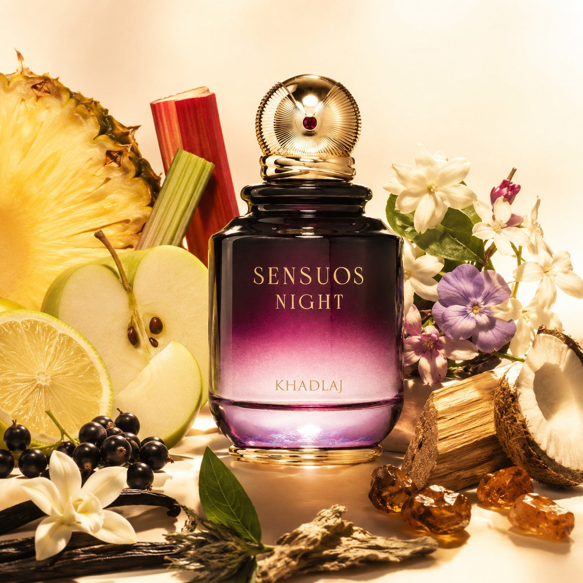ARVOLA_SHOWCASE — Sensuos Night, photo artistique (citron, ananas, pomme verte, fruits tropicaux, rhubarbe, cassis, fleur de prunier, jasmin, violette, bois de cèdre, noix de coco, patchouli, ambre, musc, orcanox, vanille)