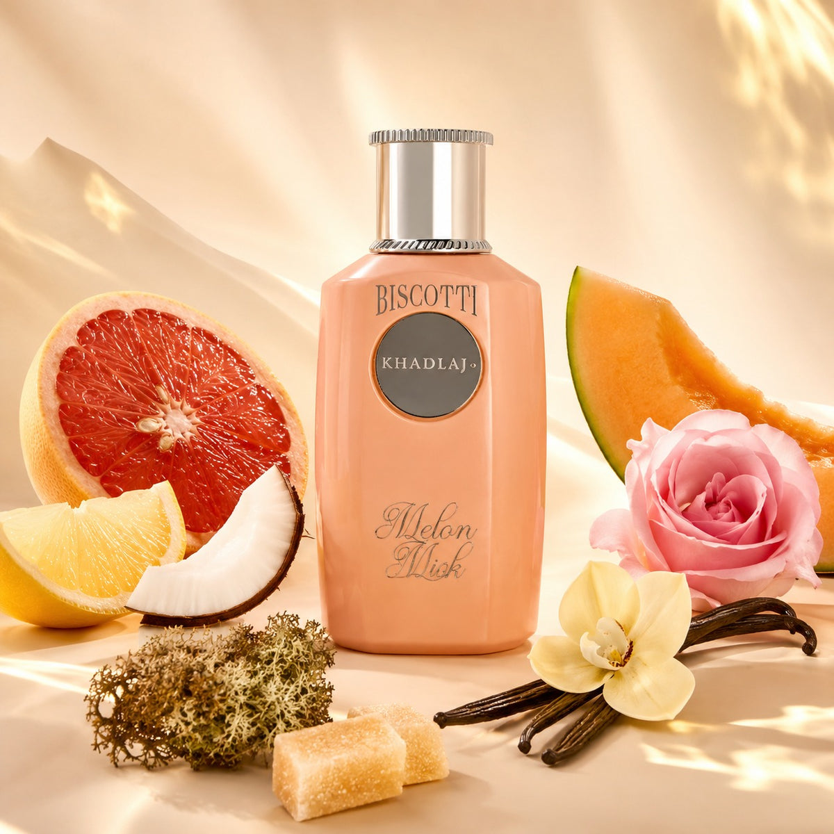 ARVOLA_SHOWCASE — Biscotti Melon Misk, photo artistique (Pamplemousse, citron, bergamote, Lait de coco, melon, rose, Sucré, vanille, mousse de chêne)