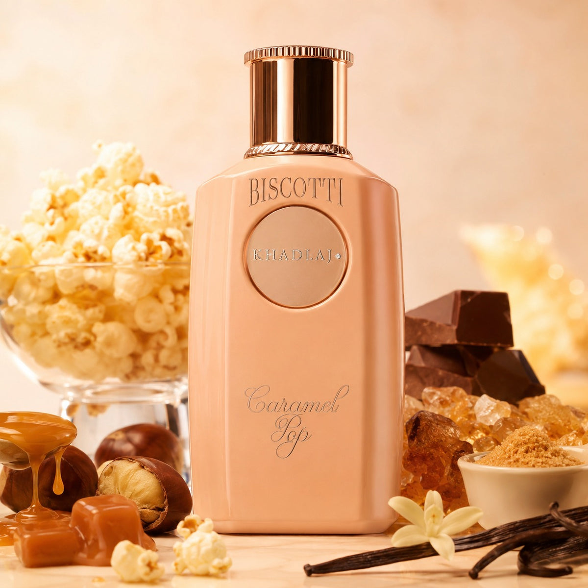ARVOLA_SHOWCASE — Biscotti Caramel Pop, photo artistique (Pop-corn, beurre, Châtaigne, chocolat, benzoine, Caramel, cassonade, vanille)